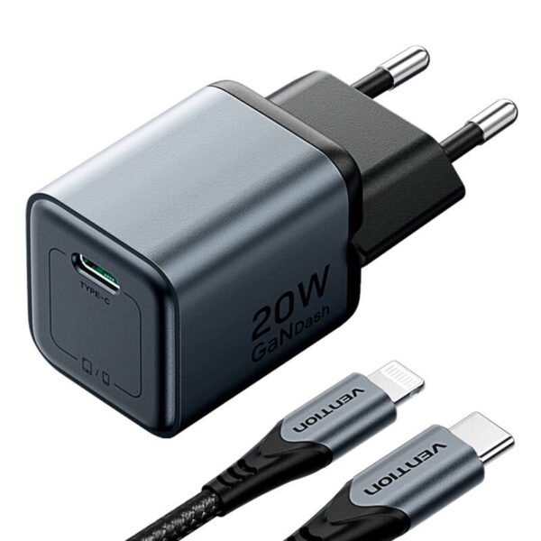 GaN Vention USB-C 20 W įkroviklis + USB-C-L 1 m kabelis (pilkas) - Image 2