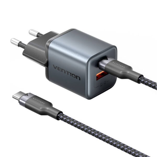 GaN Vention USB-C+A 30 W įkroviklis + USB-C-C 1 m kabelis (pilka) - Image 3
