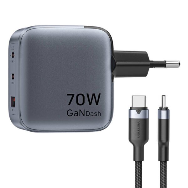 GaN Vention USB-C+C+A 70W įkroviklis + USB-C-C kabelis 1 m (pilka) - Image 3