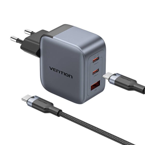 GaN Vention USB-C+C+A 70W įkroviklis + USB-C-C kabelis 1 m (pilka) - Image 2