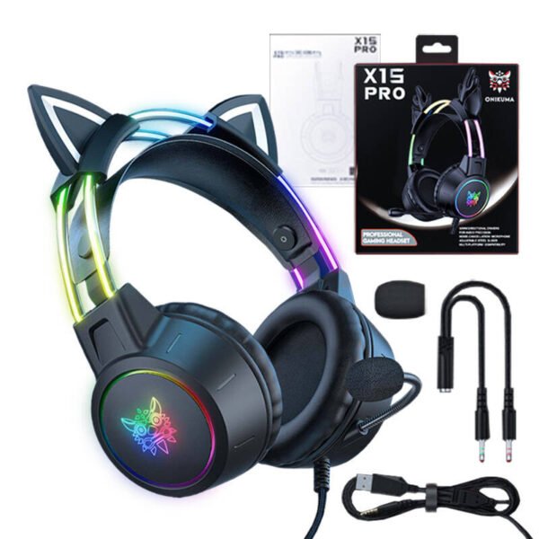 ONIKUMA X15 PRO žaidimų ausinės „Cat“ (juodos spalvos) - Image 2