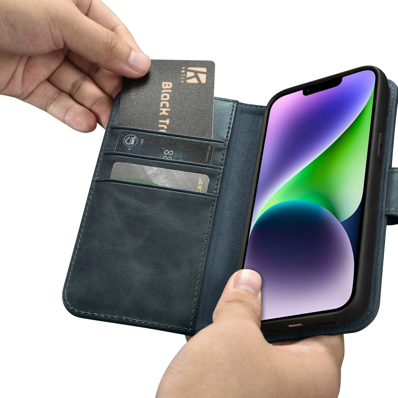 iCarer Oil Wax piniginės tipo dėklas 2in1 iPhone 14 Plus, odinis flip dėklas, Anti-RFID, mėlynas (WMI14220723-BU) - Image 14