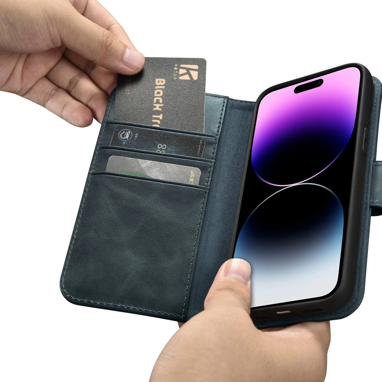 iCarer Oil Wax piniginės tipo dėklas 2in1 iPhone 14 Pro Max, odinis flip dėklas, Anti-RFID, mėlynas (WMI14220724-BU) - Image 13