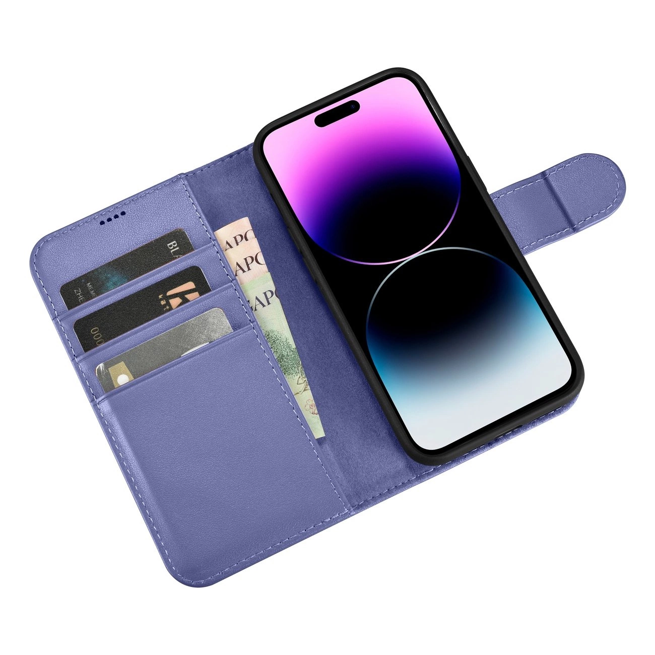 iCarer piniginės tipo dėklas 2in1 iPhone 14 Pro Max, odinis flip dėklas, Anti-RFID, šviesiai violetinis (WMI14220728-LP) - Image 10