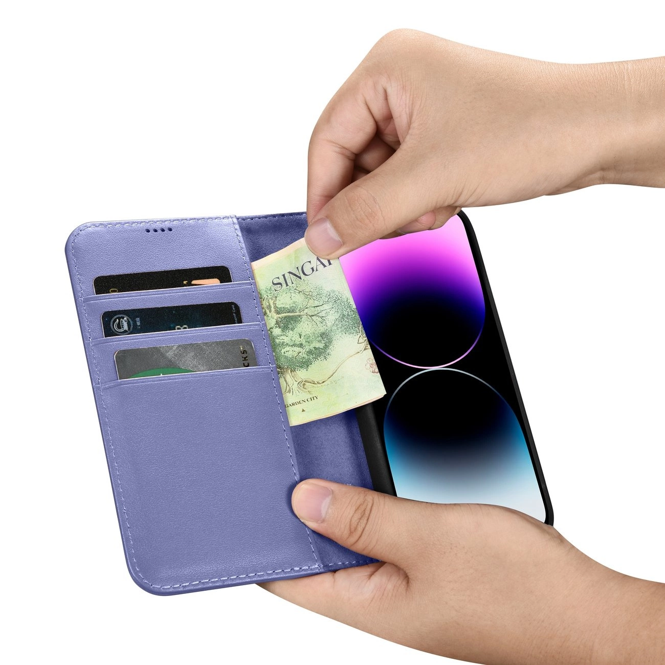 iCarer piniginės tipo dėklas 2in1 iPhone 14 Pro Max, odinis flip dėklas, Anti-RFID, šviesiai violetinis (WMI14220728-LP) - Image 12