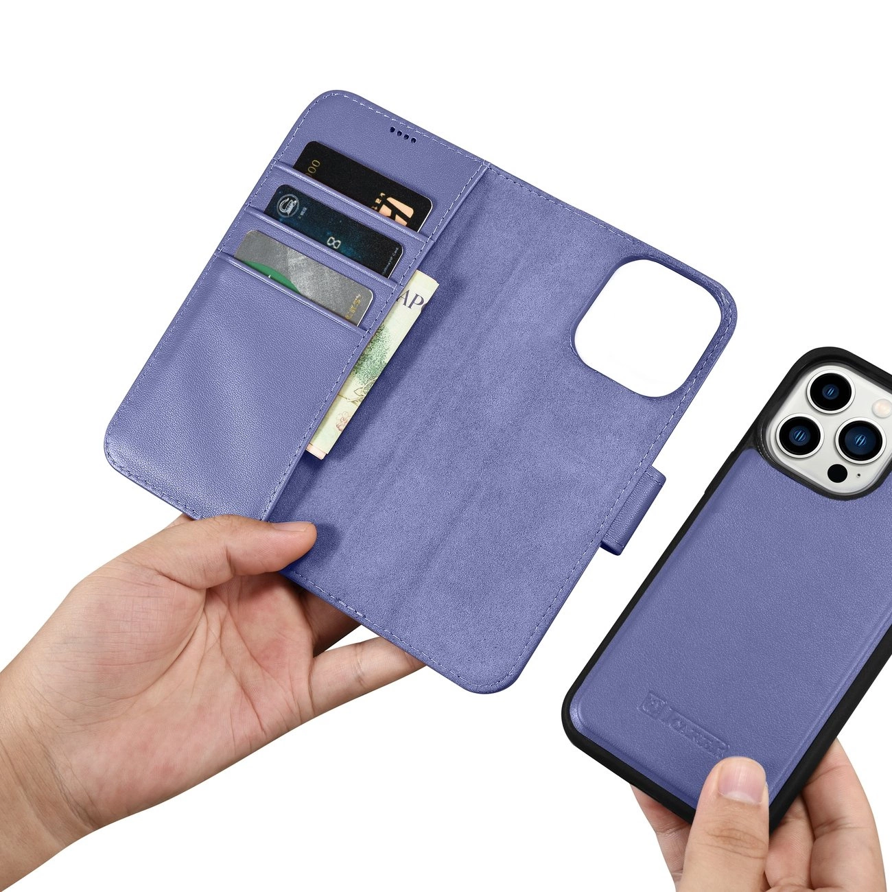 iCarer piniginės tipo dėklas 2in1 iPhone 14 Pro Max, odinis flip dėklas, Anti-RFID, šviesiai violetinis (WMI14220728-LP) - Image 15