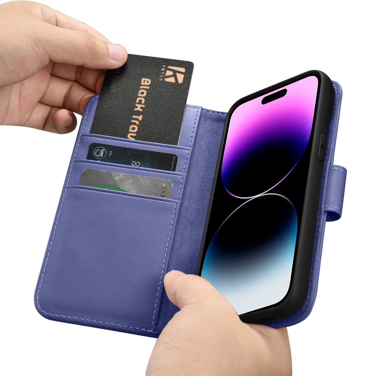 iCarer piniginės tipo dėklas 2in1 iPhone 14 Pro Max, odinis flip dėklas, Anti-RFID, šviesiai violetinis (WMI14220728-LP) - Image 16
