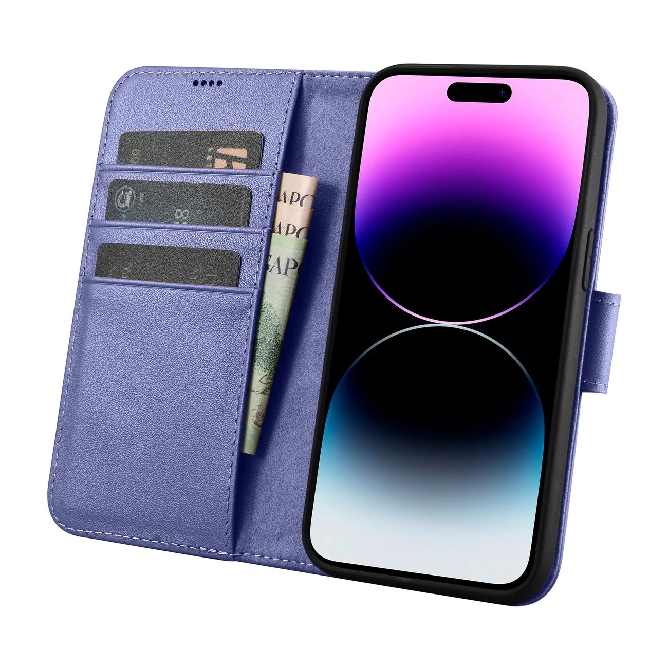 iCarer piniginės tipo dėklas 2in1 iPhone 14 Pro Max, odinis flip dėklas, Anti-RFID, šviesiai violetinis (WMI14220728-LP) - Image 3