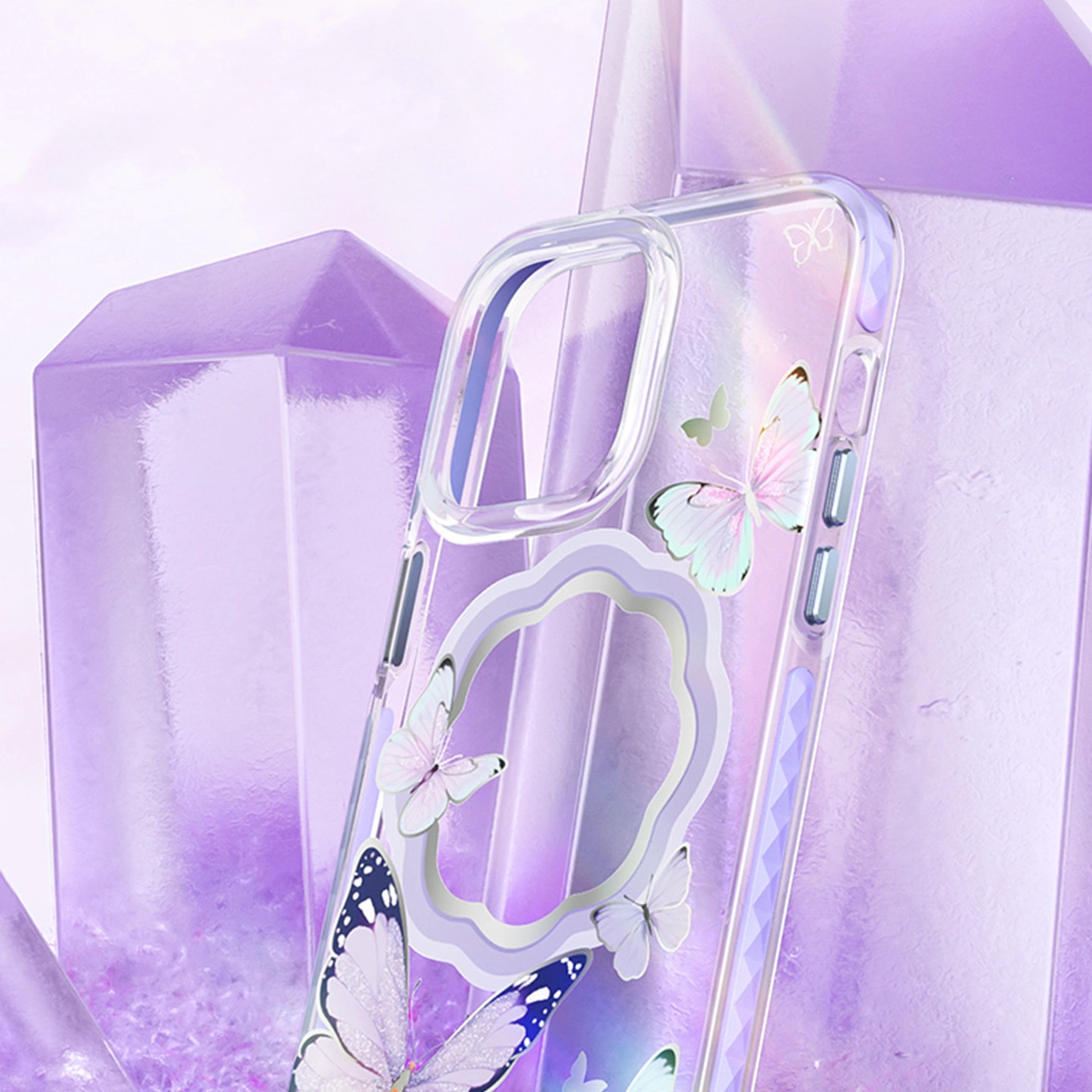 Kingxbar Butterfly Series magnetinis dėklas iPhone 14 Plus, MagSafe, su drugeliais, rožinis - Image 2