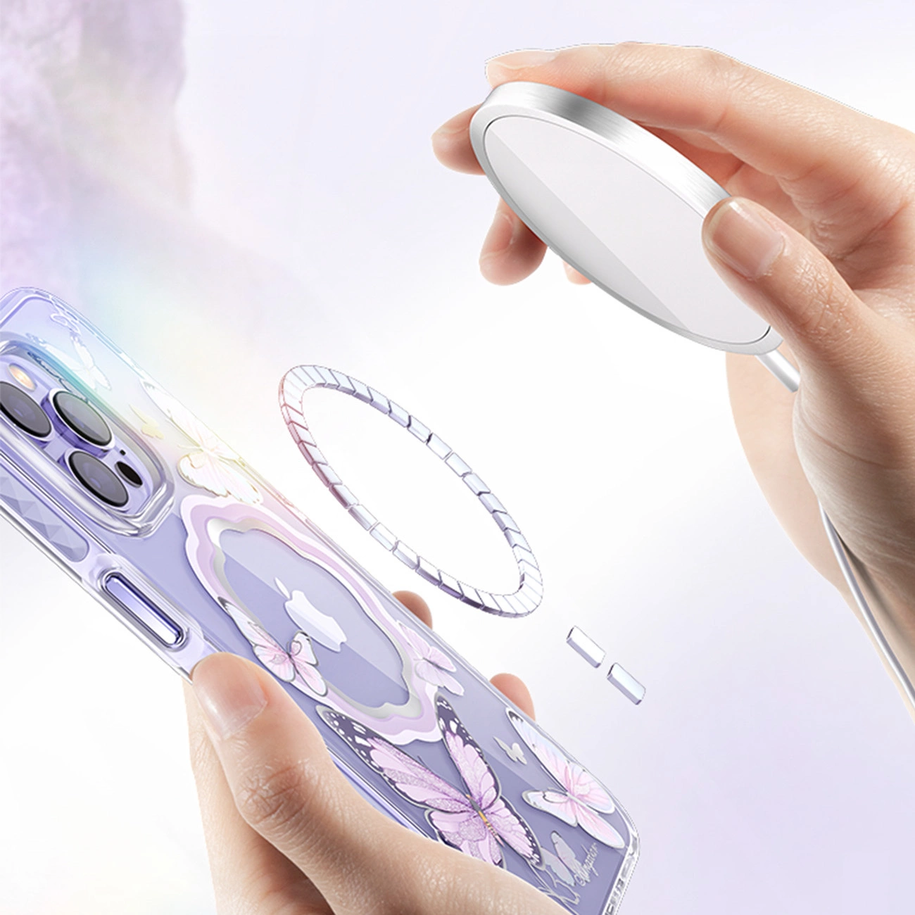 Kingxbar Butterfly Series magnetinis dėklas iPhone 14 Plus, MagSafe, su drugeliais, rožinis - Image 6