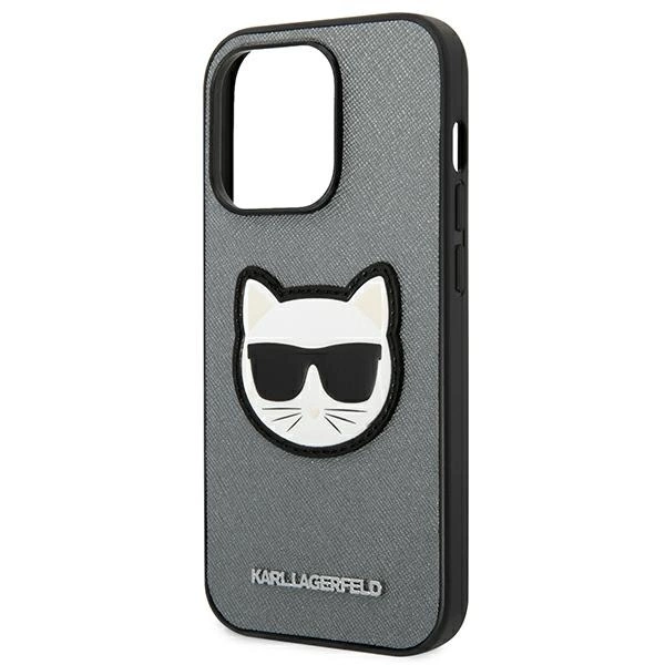 Karl Lagerfeld KLHCP14LSAPCHG iPhone 14 Pro 6,1" sidabrinis kietas dėklas Saffiano Choupette galvos emblema - Image 6