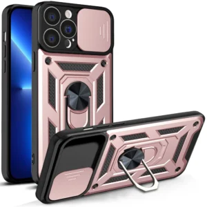 Hybrid Armor Camshield case for iPhone 13 Pro Max armored case with camera cover pink