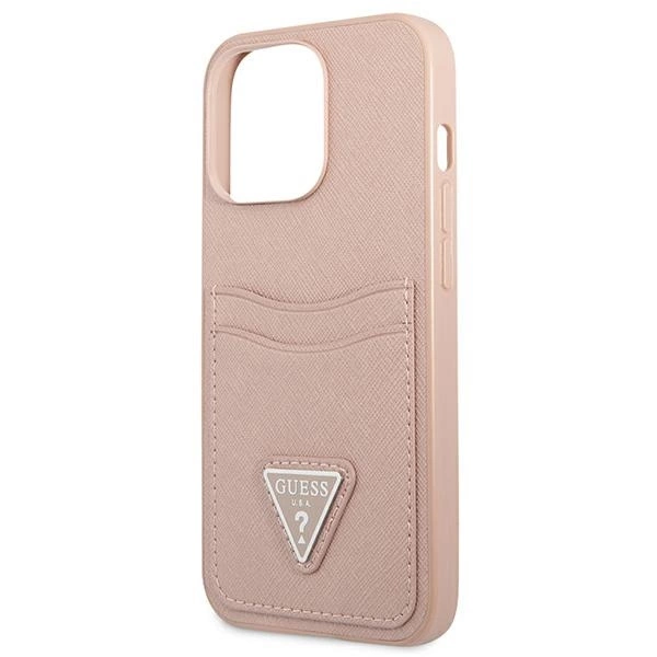 Guess GUHCP13LPSATPP iPhone 13 Pro / 13 6,1" rožinis kietas dėklas Saffiano Triangle Logo su kortelių skyriumi - Image 6