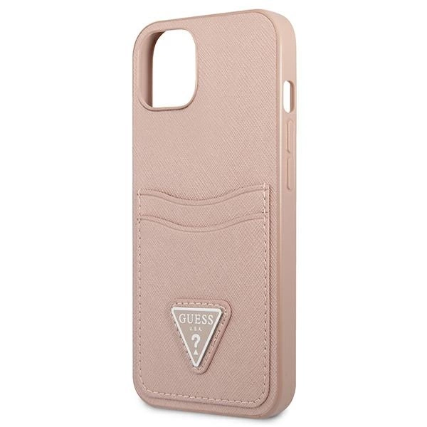 Guess GUHCP13MPSATPP iPhone 13 6,1" rožinis kietas dėklas Saffiano Triangle Logo su kortelių skyriumi - Image 6