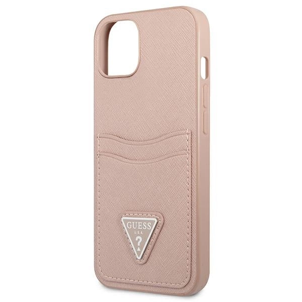 Guess GUHCP13SPSATPP iPhone 13 mini 5,4" rožinis kietas dėklas Saffiano Triangle Logo su kortelių skyriumi - Image 6
