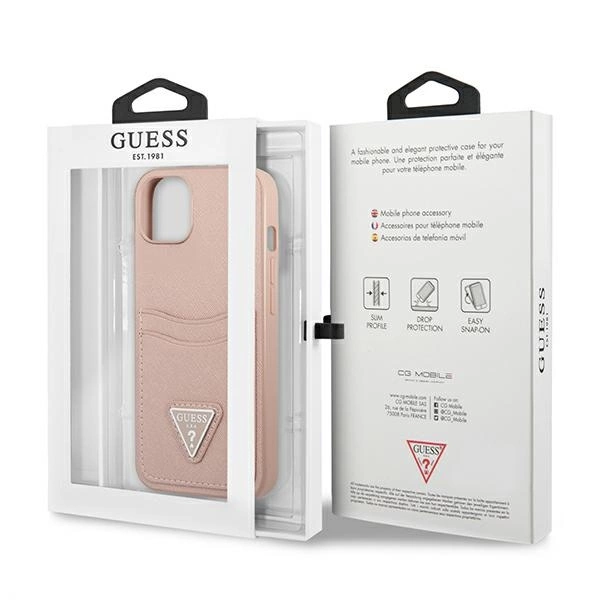 Guess GUHCP13SPSATPP iPhone 13 mini 5,4" rožinis kietas dėklas Saffiano Triangle Logo su kortelių skyriumi - Image 8