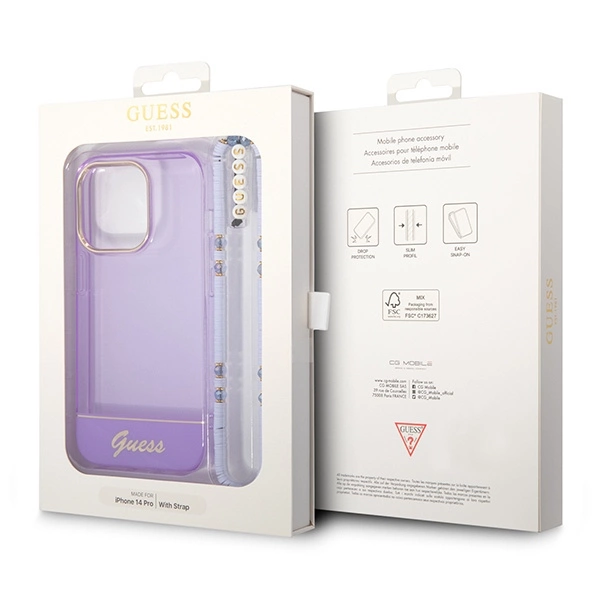 Guess GUHCP14LHGCOHU iPhone 14 Pro 6,1" violetinis kietas dėklas Translucent Pearl Strap - Image 7