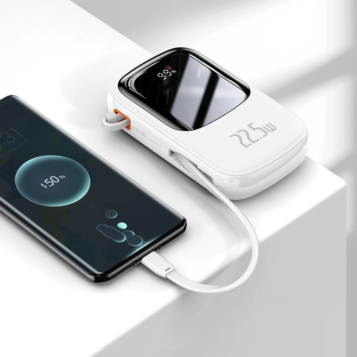 Baseus Qpow skaitmeninis ekranas powerbank 20000mAh 22.5W QC/PD/SCP/FCP su integruotu USB-C laidu – baltas - Image 10