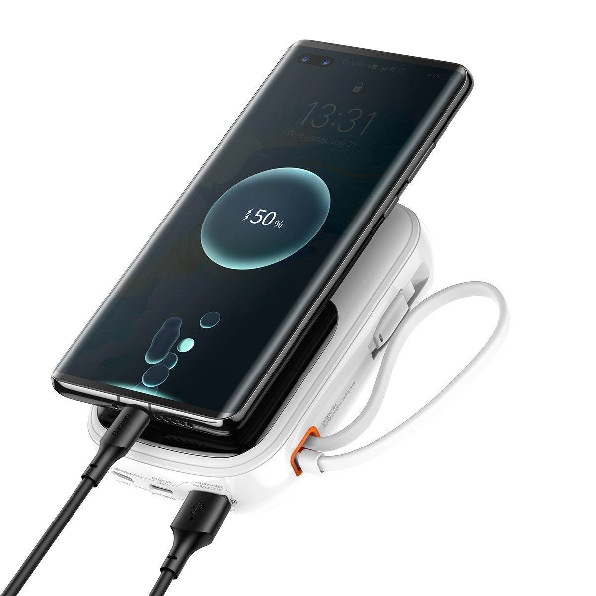 Baseus Qpow skaitmeninis ekranas powerbank 20000mAh 22.5W QC/PD/SCP/FCP su integruotu USB-C laidu – baltas - Image 2