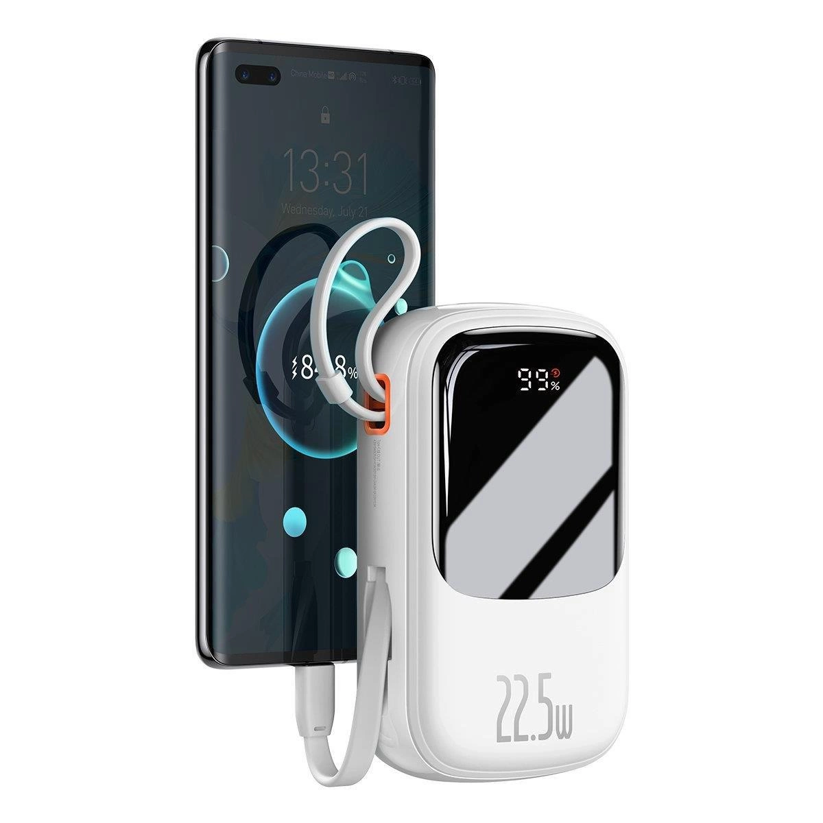 Baseus Qpow skaitmeninis ekranas powerbank 20000mAh 22.5W QC/PD/SCP/FCP su integruotu USB-C laidu – baltas - Image 4