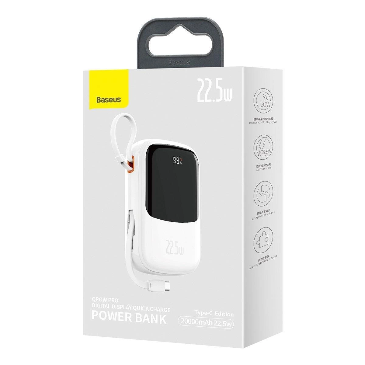 Baseus Qpow skaitmeninis ekranas powerbank 20000mAh 22.5W QC/PD/SCP/FCP su integruotu USB-C laidu – baltas - Image 5