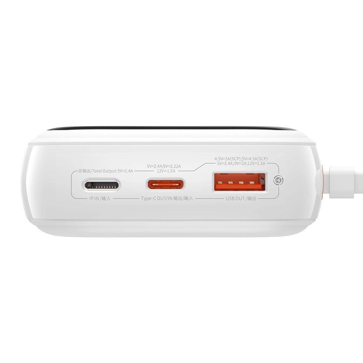 Baseus Qpow skaitmeninis ekranas powerbank 20000mAh 22.5W QC/PD/SCP/FCP su integruotu USB-C laidu – baltas - Image 7