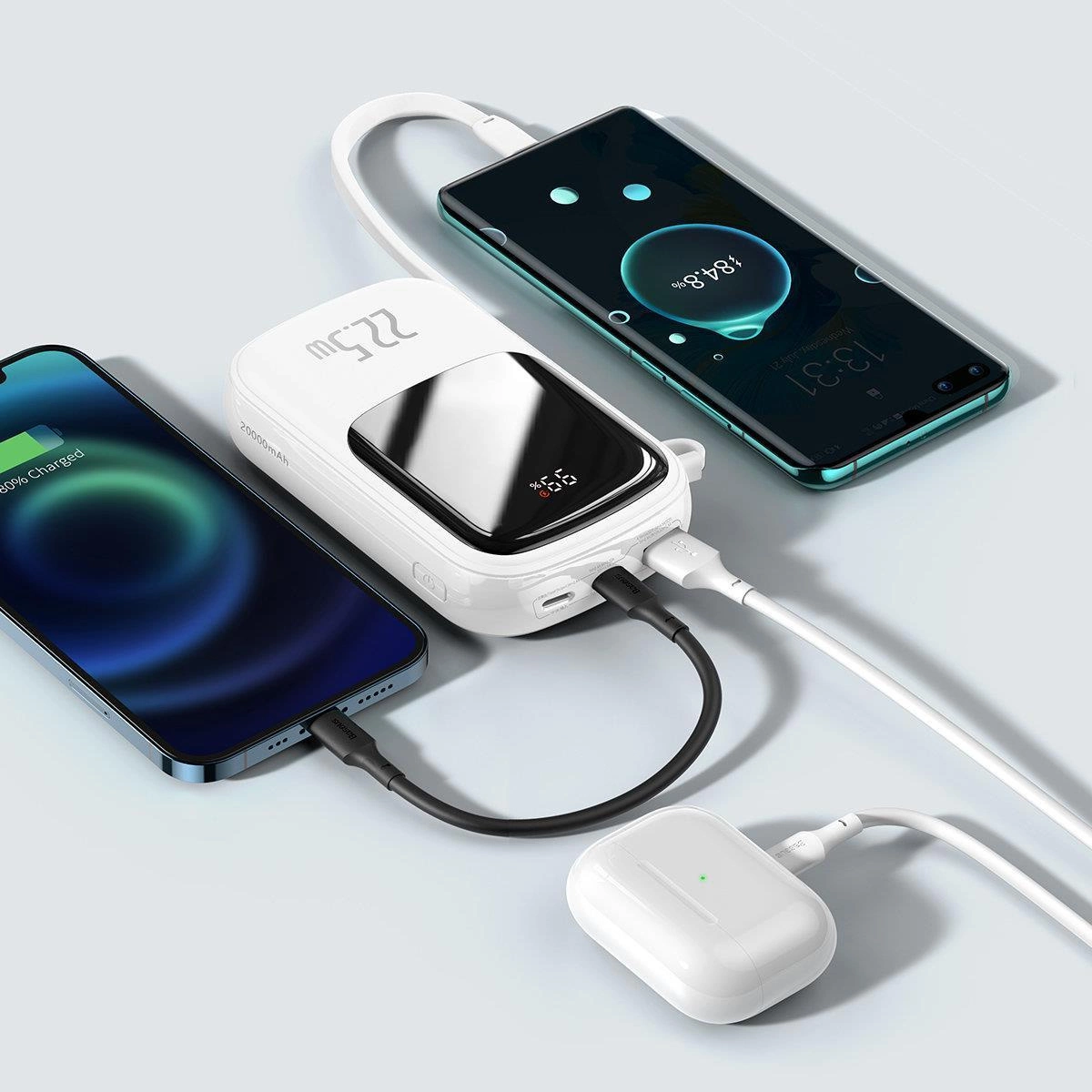 Baseus Qpow skaitmeninis ekranas powerbank 20000mAh 22.5W QC/PD/SCP/FCP su integruotu USB-C laidu – baltas - Image 9