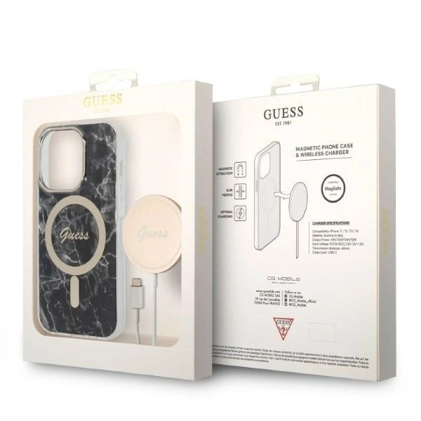 Rinkinys Guess GUBPP14LHMEACSK Case+Charger iPhone 14 Pro 6,1" – juodas/juodas kietas dėklas, Marble MagSafe - Image 10