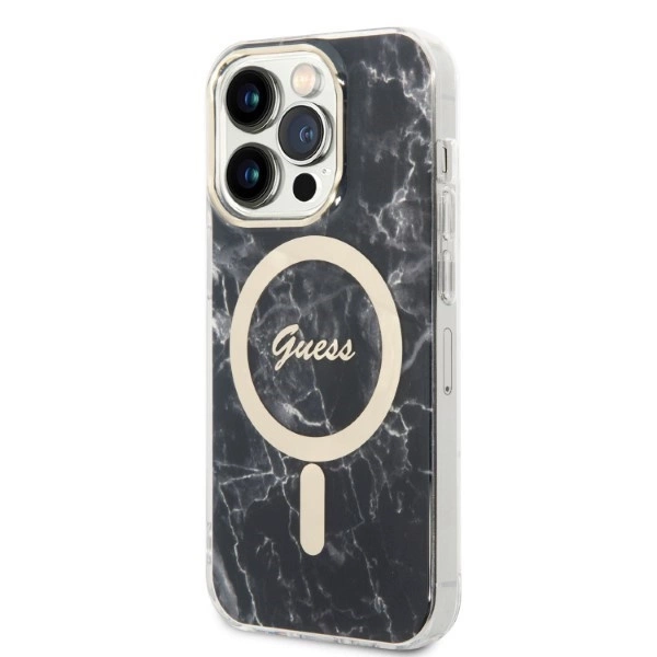 Rinkinys Guess GUBPP14LHMEACSK Case+Charger iPhone 14 Pro 6,1" – juodas/juodas kietas dėklas, Marble MagSafe - Image 2