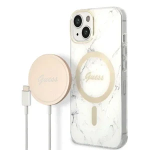 Set Guess GUBPP14MHMEACSH Case+ Charger iPhone 14 Plus 6.7" white/white hard case Marble MagSafe