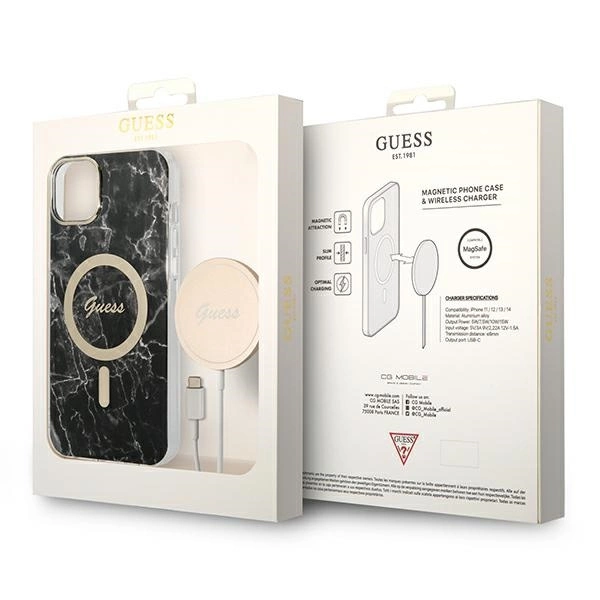 Rinkinys Guess GUBPP14SHMEACSK Case+Charger iPhone 14 6,1" – juodas/juodas kietas dėklas, Marble MagSafe - Image 10
