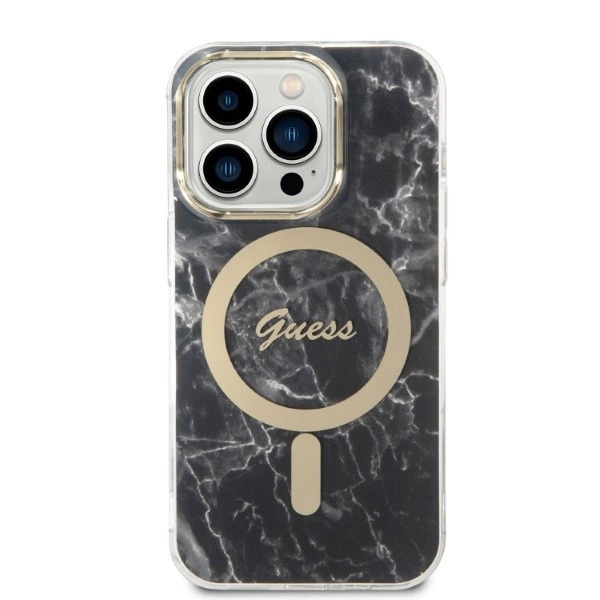 Rinkinys Guess GUBPP14XHMEACSK Case+Charger iPhone 14 Pro Max 6,7" – juodas/juodas kietas dėklas, Marble MagSafe - Image 3