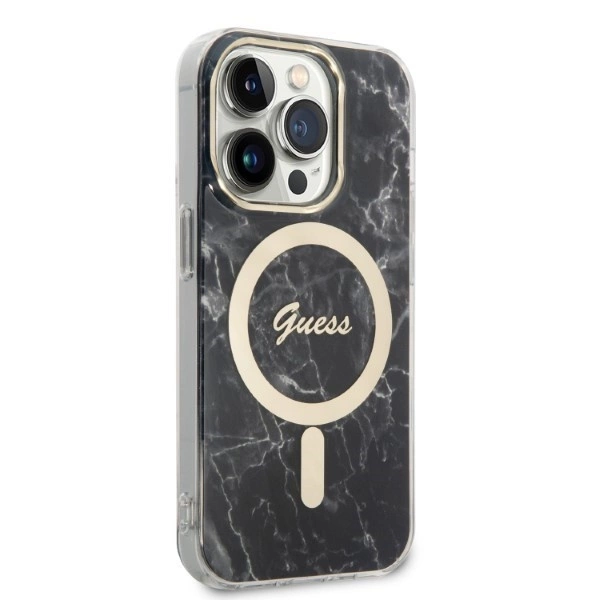 Rinkinys Guess GUBPP14XHMEACSK Case+Charger iPhone 14 Pro Max 6,7" – juodas/juodas kietas dėklas, Marble MagSafe - Image 4