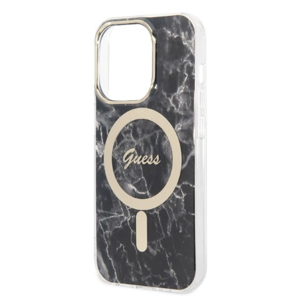 Rinkinys Guess GUBPP14XHMEACSK Case+Charger iPhone 14 Pro Max 6,7" – juodas/juodas kietas dėklas, Marble MagSafe - Image 6