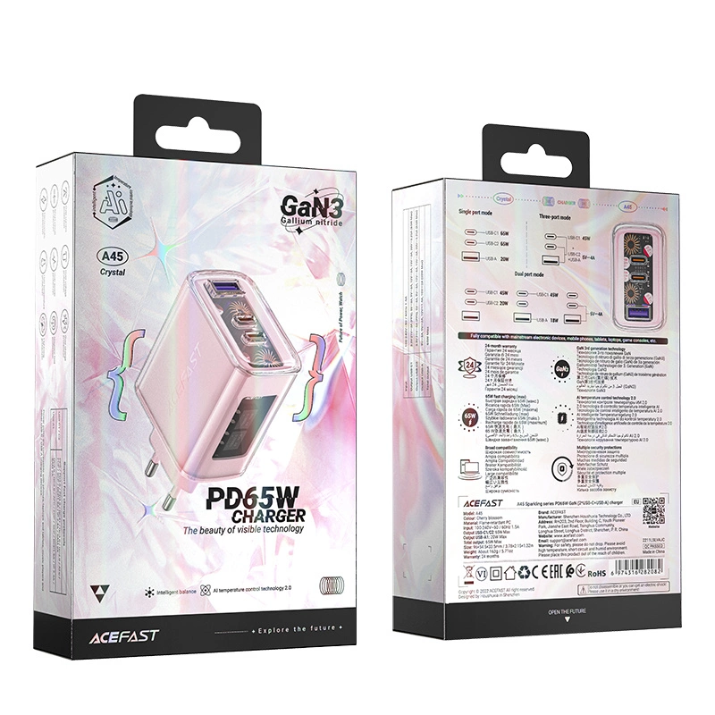 Acefast įkroviklis GaN 65W 3 lizdai (1xUSB, 2xUSB C) – rožinis (A45) - Image 5