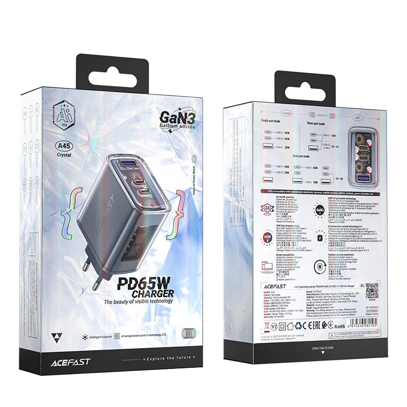 Acefast įkroviklis GaN 65W 3 lizdai (1xUSB, 2xUSB C) – pilkas (A45) - Image 5