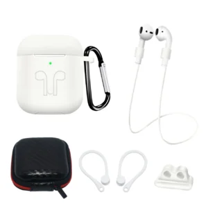 Silicone Case Set for AirPods 2 / AirPods 1 + Case / Ear Hook / Neck Strap / Watch Strap Holder / Carabiner - White