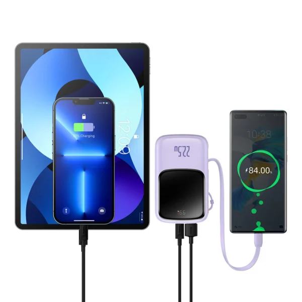 Baseus Qpow powerbank 10000mAh su integruotu USB Type-C kabeliu 22,5W Quick Charge SCP AFC FCP – violetinis (PPQD020105) - Image 12