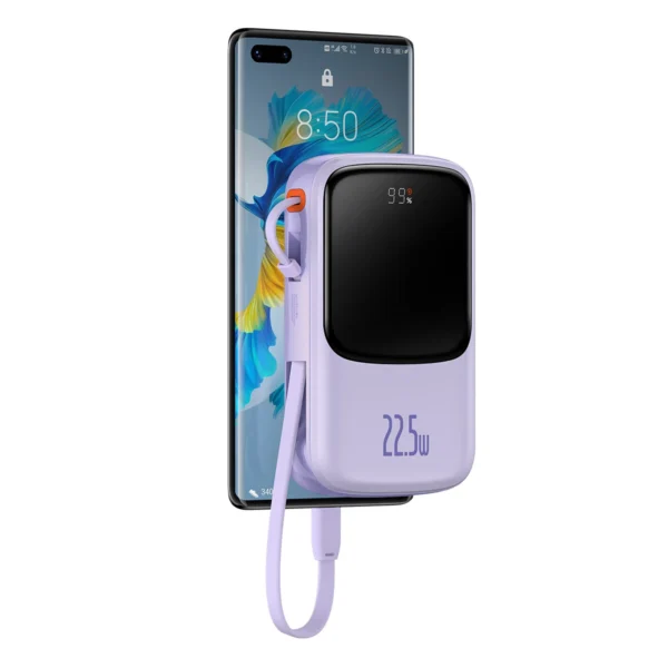 Baseus Qpow powerbank 10000mAh su integruotu USB Type-C kabeliu 22,5W Quick Charge SCP AFC FCP – violetinis (PPQD020105) - Image 4