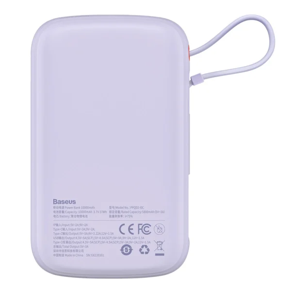 Baseus Qpow powerbank 10000mAh su integruotu USB Type-C kabeliu 22,5W Quick Charge SCP AFC FCP – violetinis (PPQD020105) - Image 11
