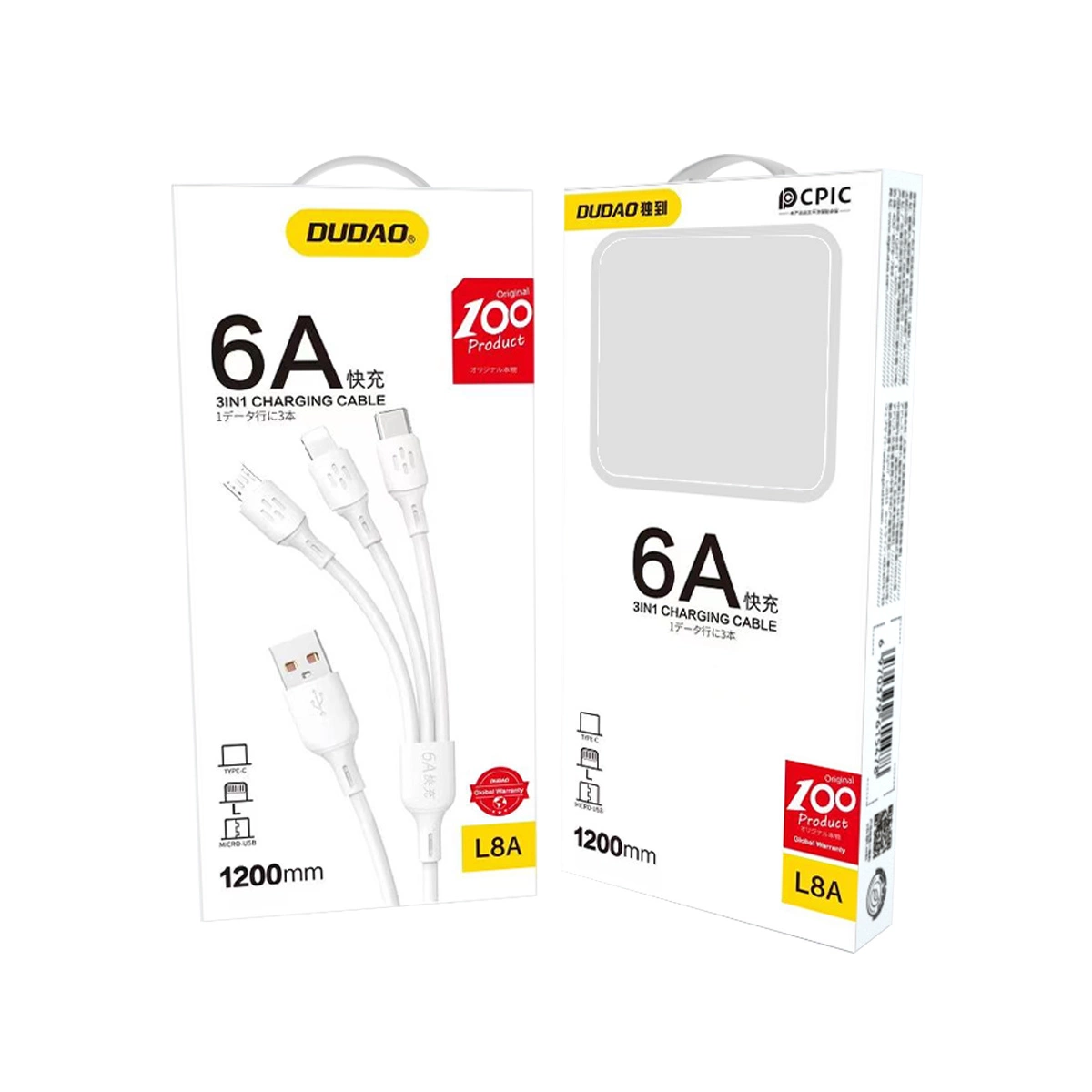 USB kabelis – USB C / micro USB / Lightning 480Mb/s 6A 1,2 m – baltas - Image 5