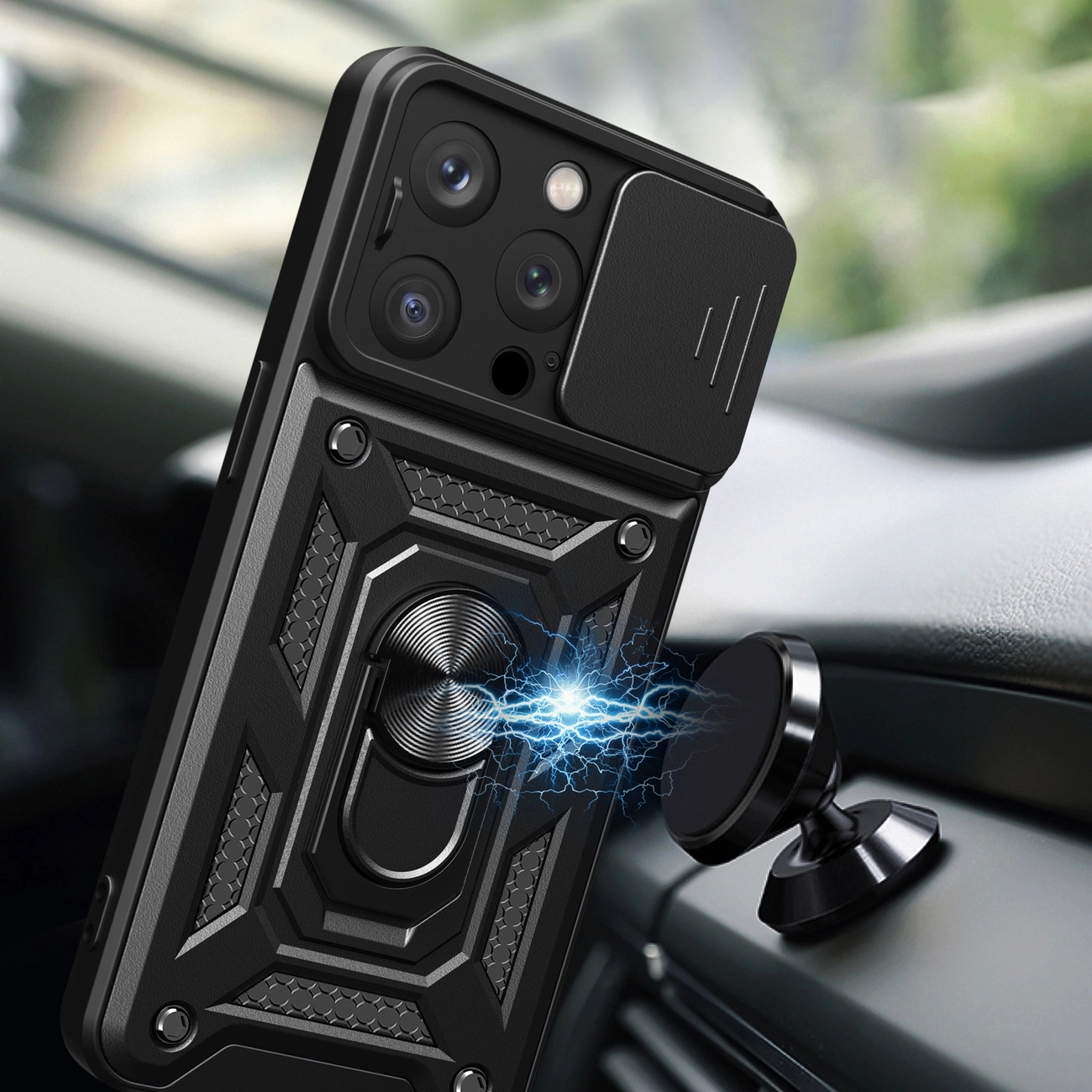 Hybrid Armor Camshield dėklas su stoveliu ir kameros apsauga iPhone 15 Pro Max – mėlynas - Image 2