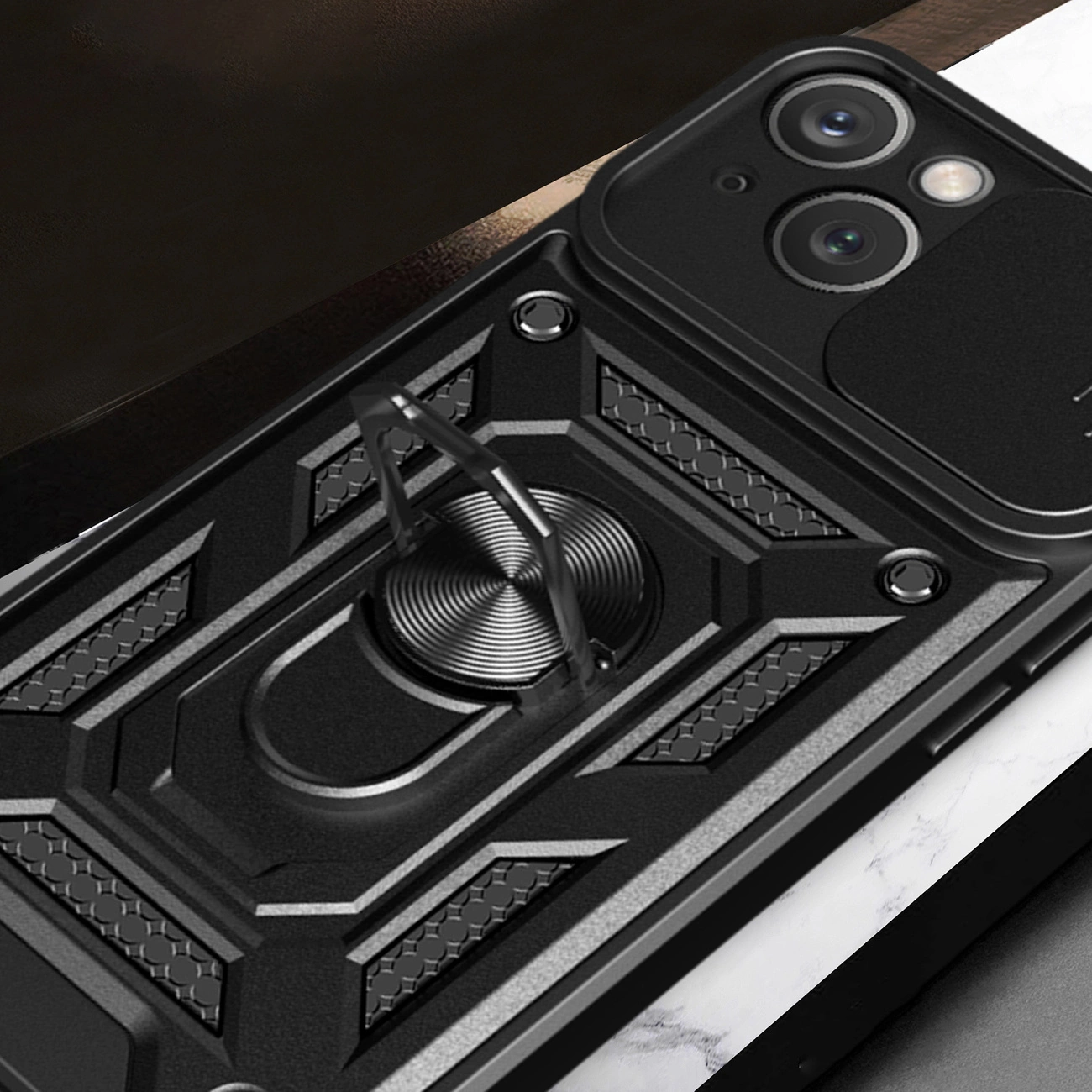 Hybrid Armor Camshield dėklas su stoveliu ir kameros apsauga iPhone 15 Plus – juodas - Image 5