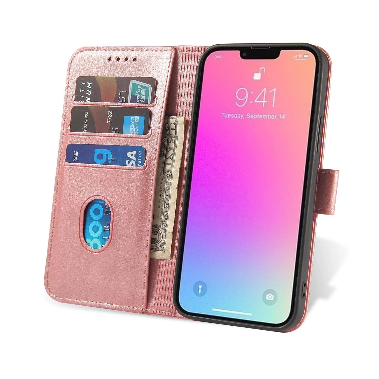 Piniginės tipo dėklas su stoveliu iPhone 15 Plus Magnet Case – rožinis - Image 7