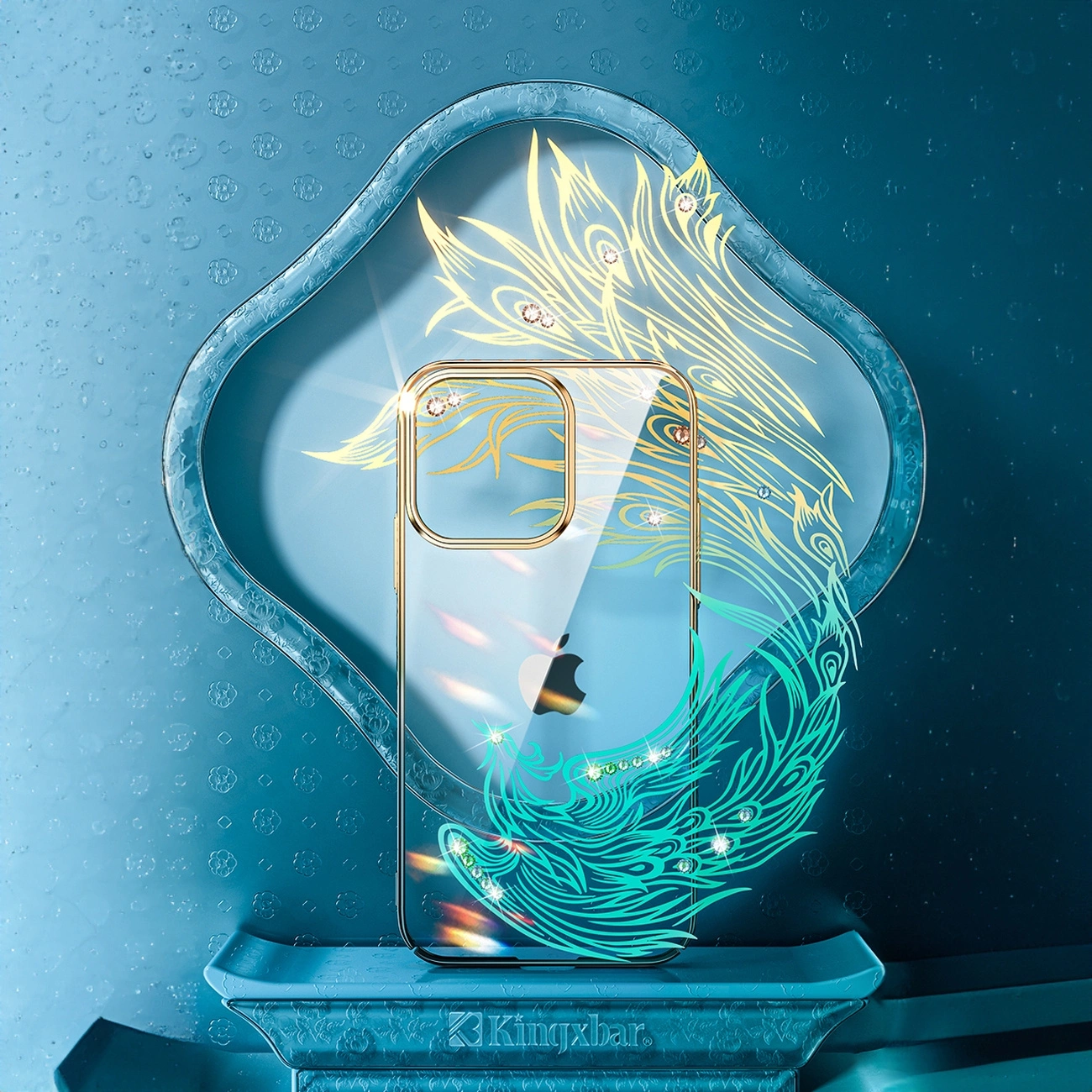 Prabangus iPhone 14 Plus dėklas su Kingxbar Phoenix kristalais – auksinė ir mėlyna - Image 6