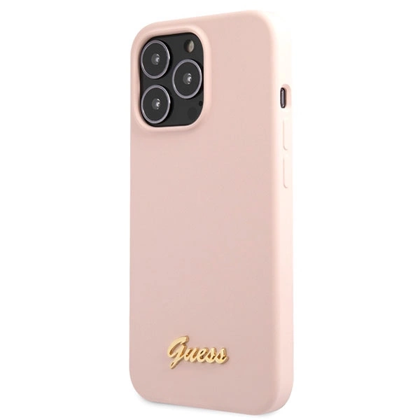 Guess GUHCP13XLSLMGLP iPhone 13 Pro Max 6.7" – šviesiai rožinis/šviesiai rožinis, kietas silikoninis dėklas, Script Gold Logo - Image 2