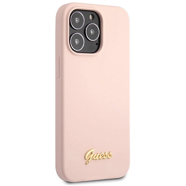 Guess GUHCP13XLSLMGLP iPhone 13 Pro Max 6.7" – šviesiai rožinis/šviesiai rožinis, kietas silikoninis dėklas, Script Gold Logo - Image 4