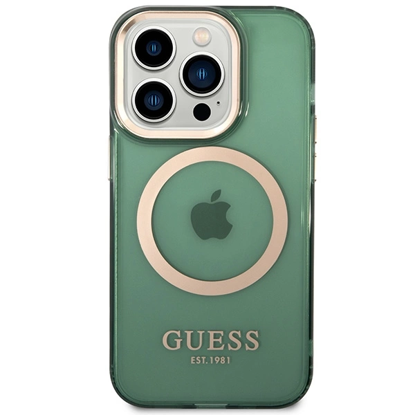 Guess GUHMP14LHTCMA iPhone 14 Pro 6.1" – žalias/khaki, kietas dėklas, Gold Outline Translucent MagSafe - Image 3