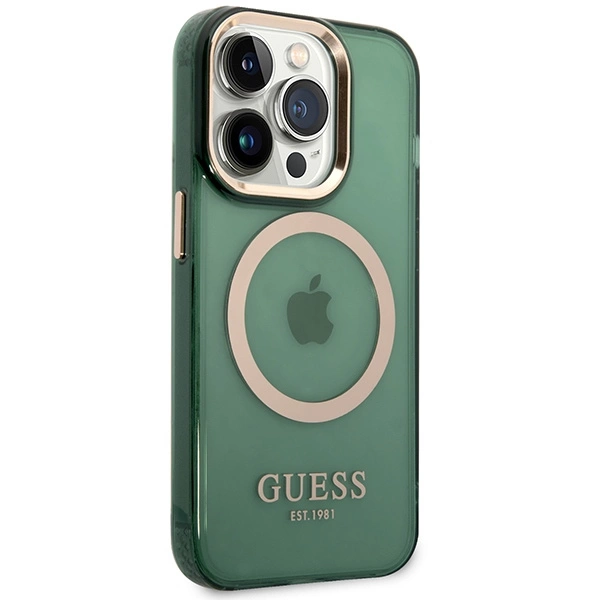 Guess GUHMP14LHTCMA iPhone 14 Pro 6.1" – žalias/khaki, kietas dėklas, Gold Outline Translucent MagSafe - Image 4