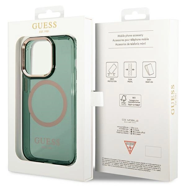 Guess GUHMP14LHTCMA iPhone 14 Pro 6.1" – žalias/khaki, kietas dėklas, Gold Outline Translucent MagSafe - Image 8